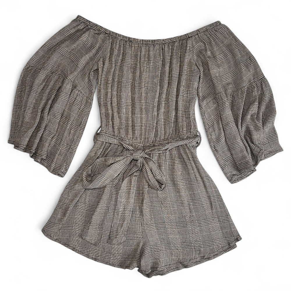 Audrey 3+1 Plaid Off Shoulder Romper Small Belted Puff Sleeve